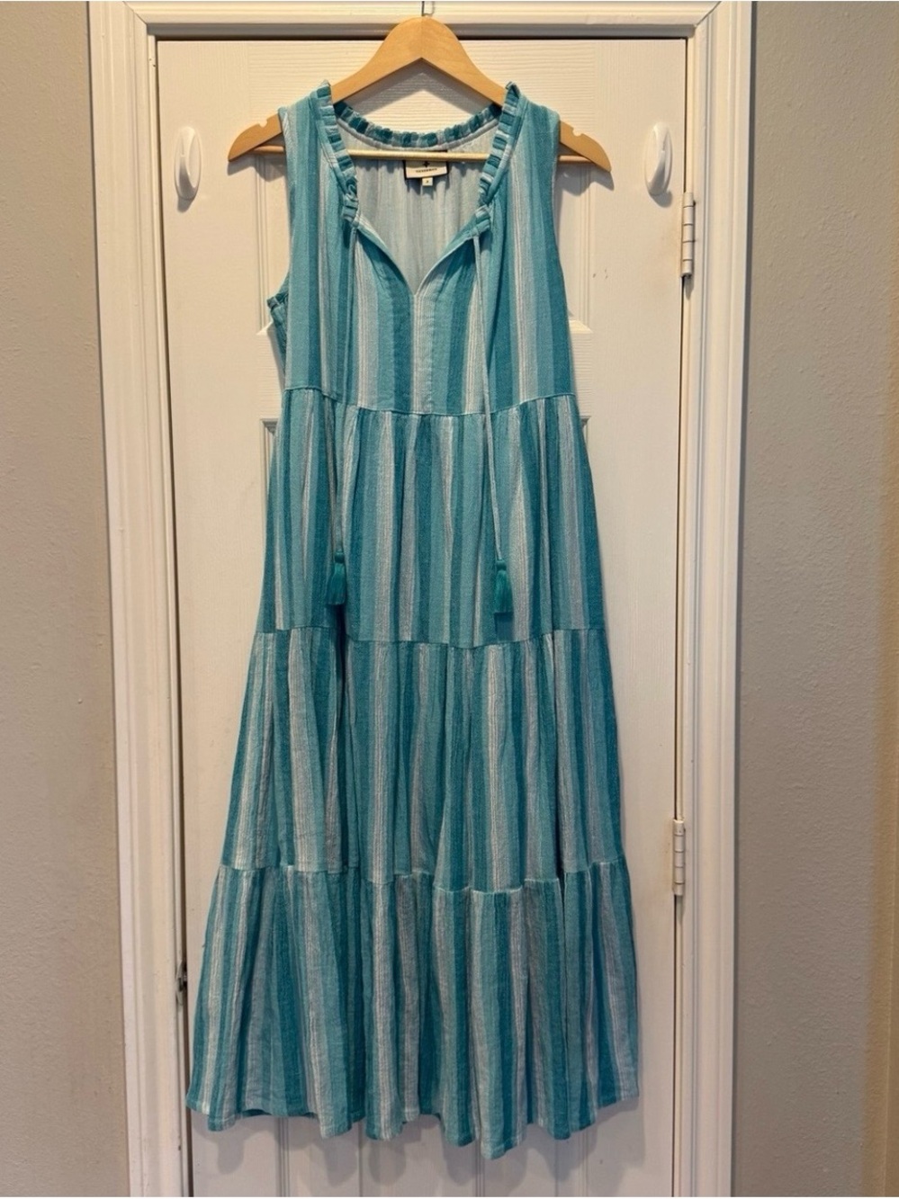 Tuckernuck Beach Aquamarine Stripe Salty Paloma Caftan Maxi Dress Women Sz Small